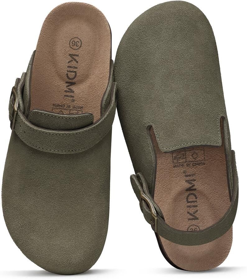 OLANLY Unisex clogs Koe suède Comfort slippers Houten clogs legergroen 36- Geschikt voor een voetlengte van