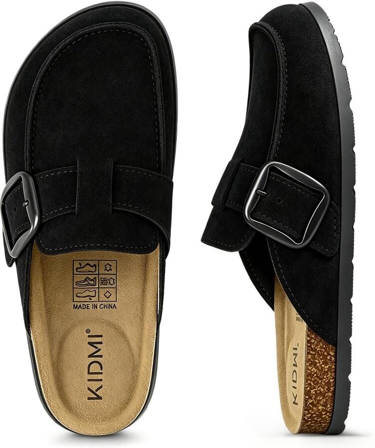 OLANLY Unisex clogs Koe suède Comfort slippers Met Voetboogsteun-Houten clogs Zwart 39- Geschikt voor een voetlengte van