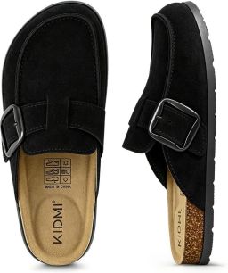 OLANLY Unisex clogs Koe suède Comfort slippers Met Voetboogsteun-Houten clogs Zwart 39- Geschikt voor een voetlengte van