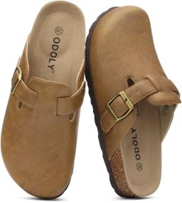OLANLY Unisex clogs Veganistisch Leer Comfort slippers Houten clogs Lichtbruin 40- Geschikt voor een voetlengte van