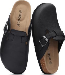 OLANLY Unisex clogs Veganistisch Leer Comfort slippers Houten clogs Zwart 37- Geschikt voor een voetlengte van