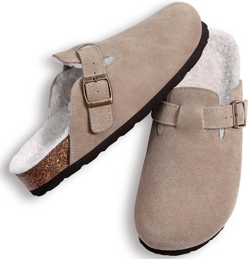 OLANLY Unisex Clogs Warme Dames Winter Pantoffels Koe suède Houten Cogs -Abrikoos 36 Geschikt voor een voetlengte van
