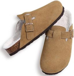 OLANLY Unisex Clogs Warme Dames Winter Pantoffels Koe suède Houten Cogs -Bruin 42 Geschikt voor een voetlengte van