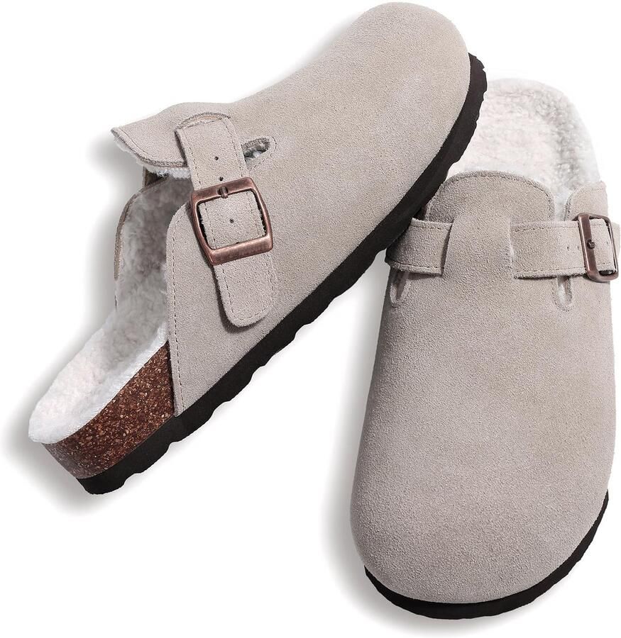 OLANLY Unisex Clogs Warme Dames Winter Pantoffels Koe suède Houten Cogs -Grijs 46 Geschikt voor een voetlengte van