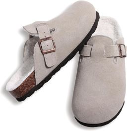 OLANLY Unisex Clogs Warme Dames Winter Pantoffels Koe suède Houten Cogs -Grijs 43 Geschikt voor een voetlengte van