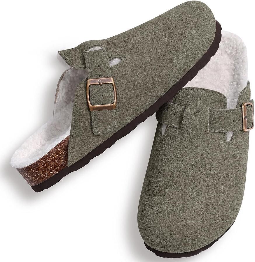 OLANLY Unisex Clogs Warme Dames Winter Pantoffels Koe suède Houten Cogs -Groen 36 Geschikt voor een voetlengte van