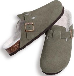 OLANLY Unisex Clogs Warme Dames Winter Pantoffels Koe suède Houten Cogs -Groen 42 Geschikt voor een voetlengte van