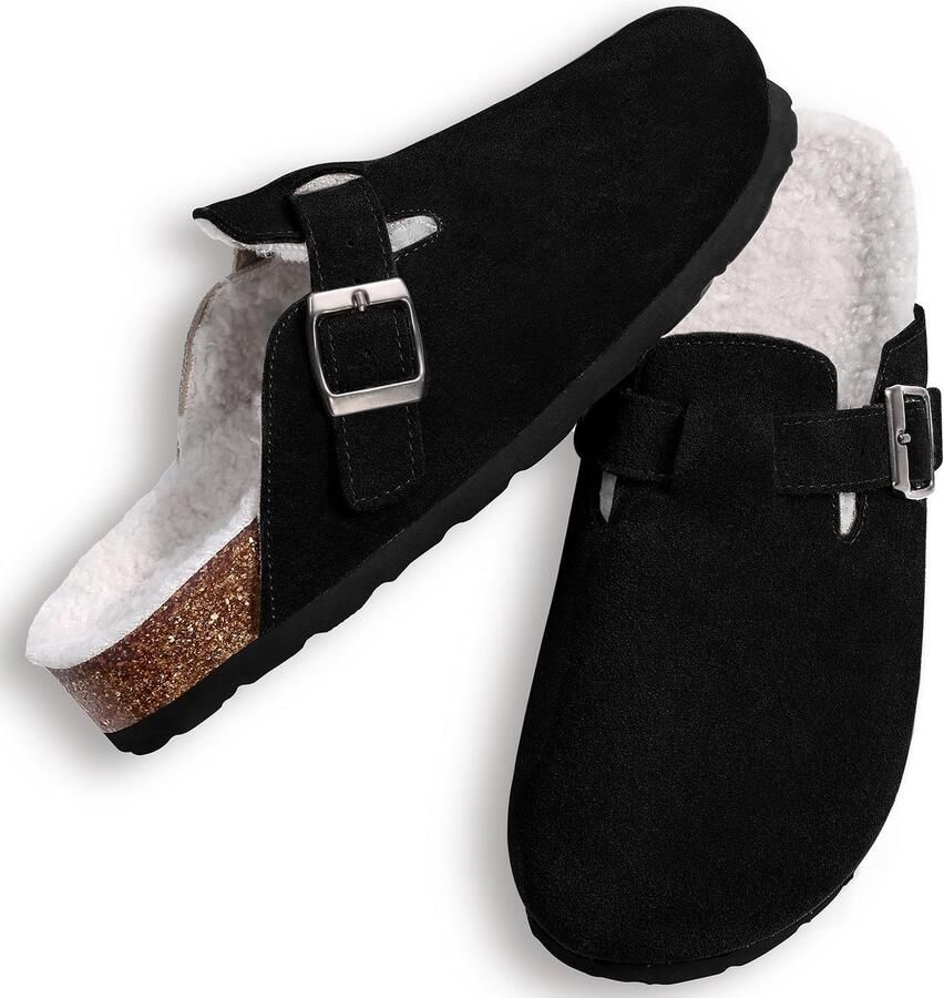 OLANLY Unisex Clogs Warme Dames Winter Pantoffels Koe suède Houten Cogs -Zwart 43 Geschikt voor een voetlengte van