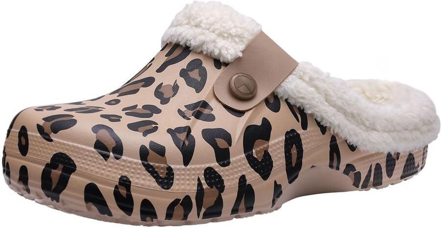 OLANLY Unisex Gevoerde Pantoffels Waterdichte Winterpantoffels Warme Gevoerde Sloffen Anti-slip Khaki luipaardprint 3536 Geschikt voor een voetlengte van
