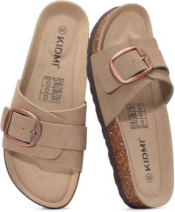 OLANLY Unisex sandalens Koe suède Comfort slippers Houten sandalens Abrikooskleurig 37- Geschikt voor een voetlengte van