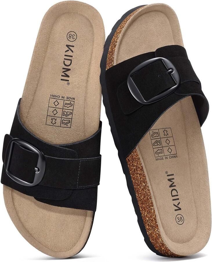 Homaxy Unisex Sandalens Koe suède Dames Slippers Comfort slippers Houten sandalens Zwart 38- Geschikt voor een voetlengte van