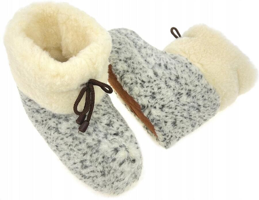 Oncedoce Wollen Sloffen Winter Pantoffels 100% ECHT Lamswol en Leer -- Leren Zooltjes – Veters Handgemaakte Slofjes Kleur Gemêleerd Grijs Crème - Foto 2