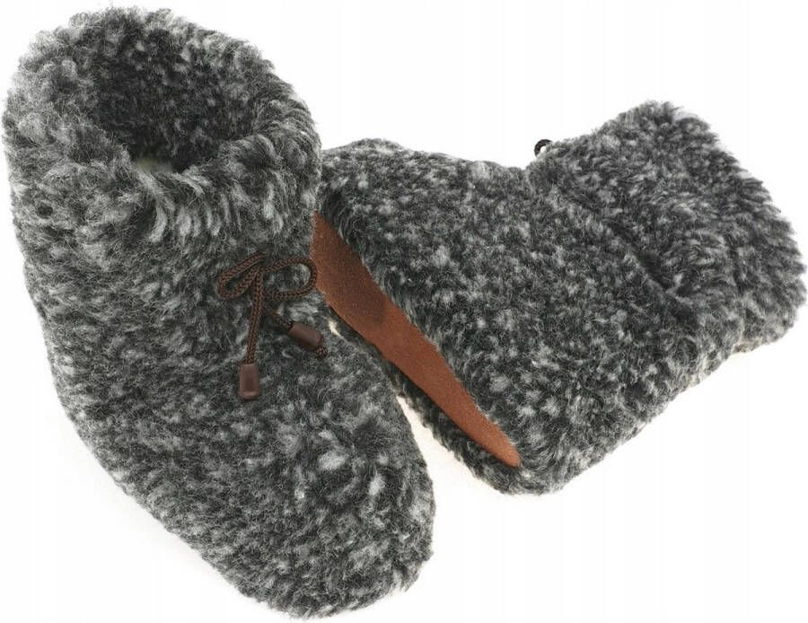Oncedoce Wollen Sloffen Winter Pantoffels 100% ECHT Lamswol en Leer -- Leren Zooltjes – Veters Handgemaakte Slofjes Kleur Donkergrijs Gemêleerd
