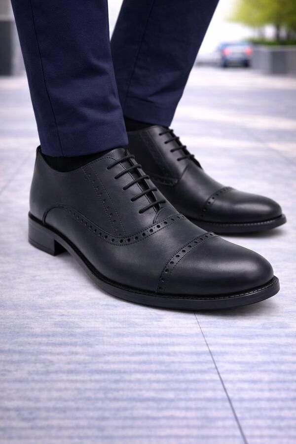 Online Express Heren schoenen- Nette schoenen- Heren Veterschoenen Echt Leer Nette Leren Herenschoenen met Rubberzool Comfort Schoenenn 5100 Zwart - Foto 2