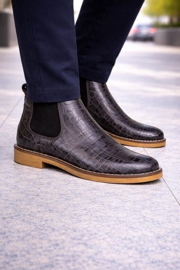 Online Express Leren schoenen- Heren Laarzen- Chelsea boots- Heren schoenen- Exclusief Stoere Mannen laarzen- Enkellaarsje 507- Leather- Zwart met grijs - Foto 4