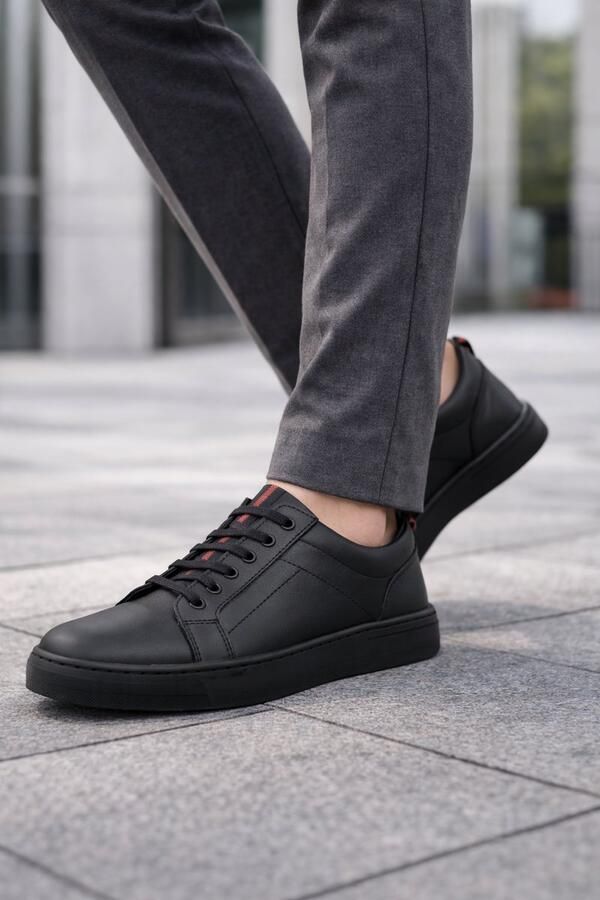 Online Express Veterschoenen- Mannen Schoenen- Zwarte Heren Sneakers- Leren Casual Veterschoenen met Rode Accent- Comfortabele Lage Herenschoen 112- Zwart - Foto 2