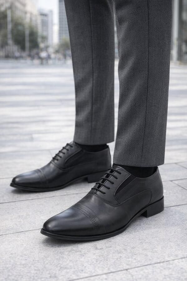 Online Express Veterschoenen Nette Heren schoenen Zwarte leren Oxford herenschoen klassieke zakelijke veterschoen met cap- toe en brogue details 1195 Zwart - Foto 2