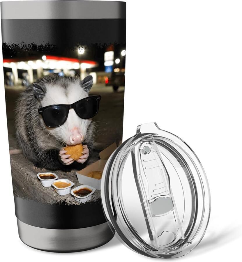 Opossum eet kipnuggets meme foto dubbelwandige thermobeker