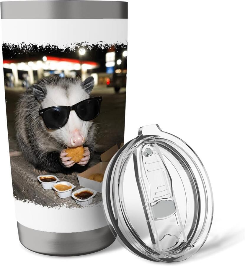 Opossum eet kipnuggets meme foto dubbelwandige thermobeker
