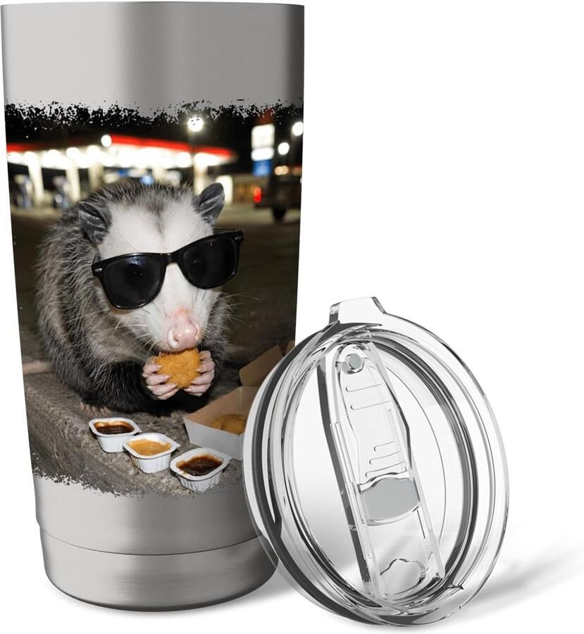 Opossum eet kipnuggets meme foto dubbelwandige thermobeker