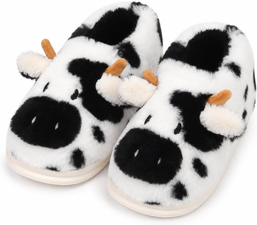 OROMI Koeienpantoffels Dames Warme Pluche Huissloffen Zwart Wit Zachte Voering Dierenpantoffels voor Binnen