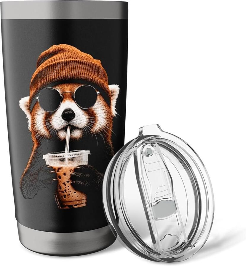Panda's drinken ijskoffie grappige hipster thermosbeker dubbelwandig roestvrij staal