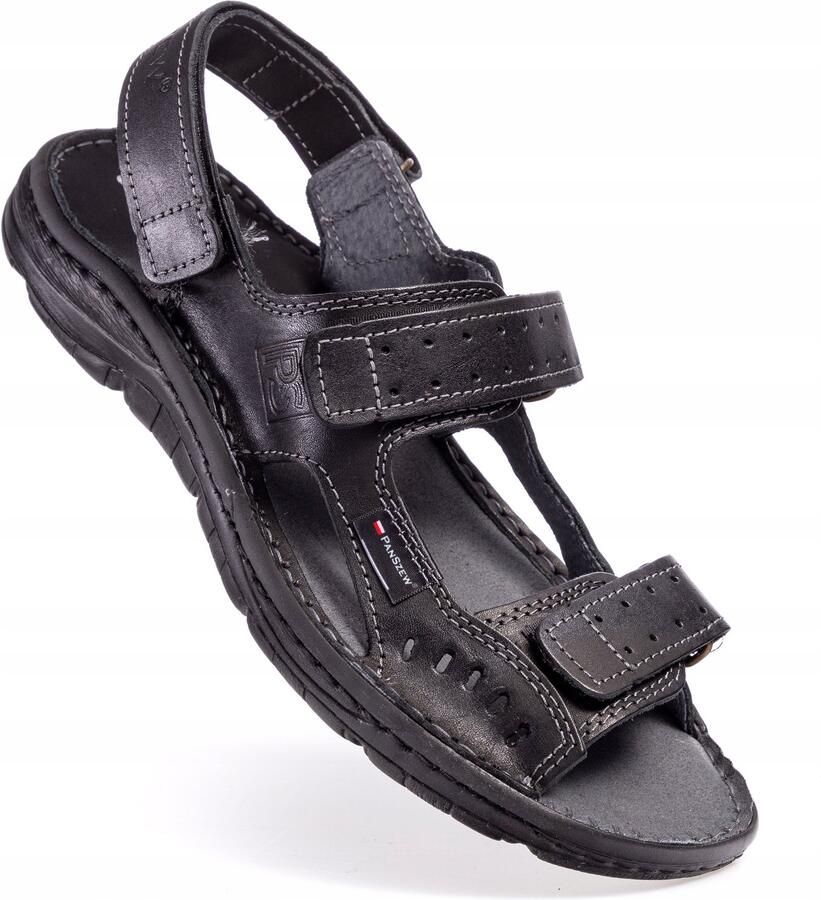PanSzew Heren Sandalen Leer Zwart Comfortabele Pasvorm met Klittenband