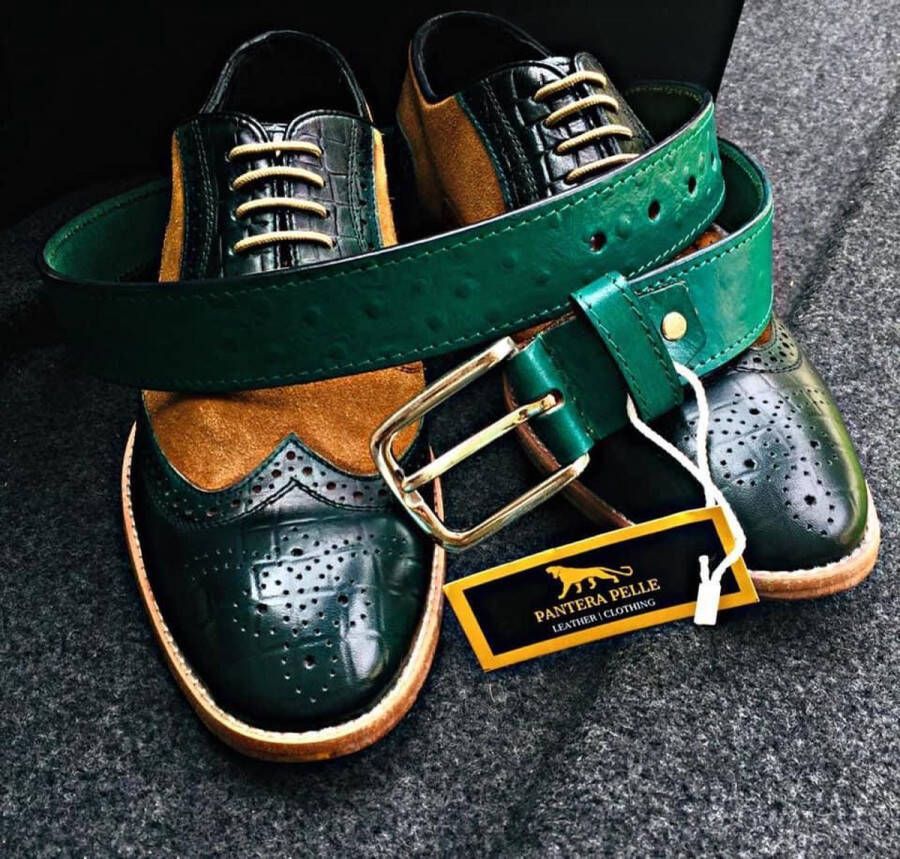 Pantera Pelle Leather Shoes Volledig Lederen Herenschoen groen leder met cognac suede