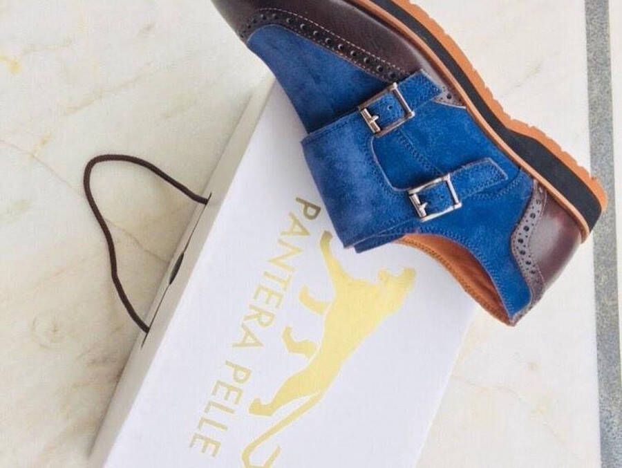 Pantera Pelle Shoes Suede met Lederen Herenschoen met sneakerzool kobalt blauw met bruin