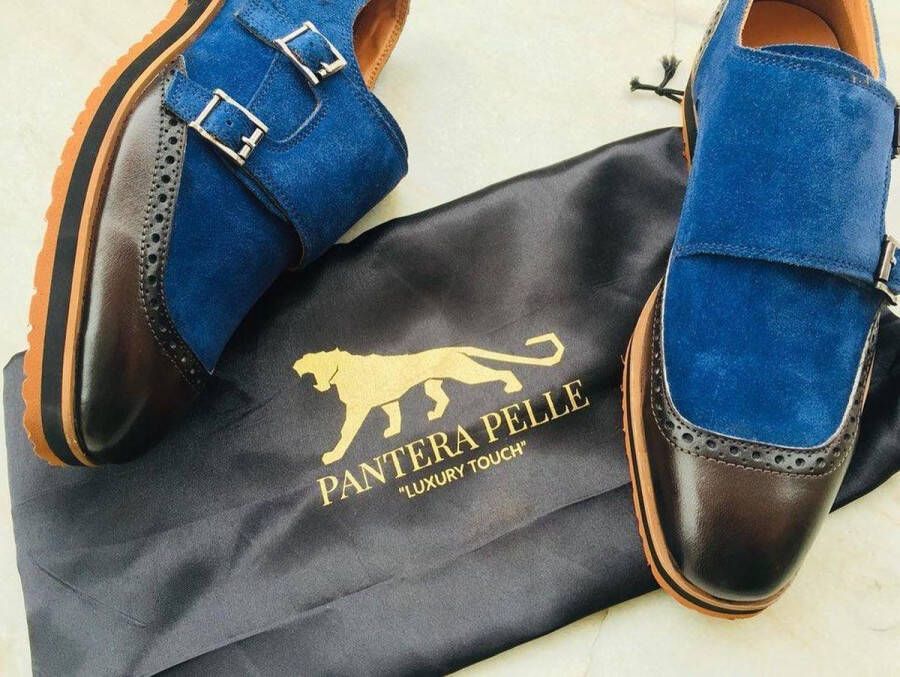 Pantera Pelle Shoes Suede met Lederen Herenschoen sneakerzool Blauw met bruin - Foto 1