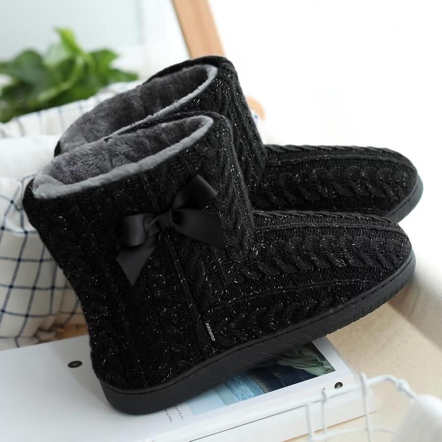 Pantoffels voor Dames Zwart 35 36 EU Wintergebreid Pluche met Antislip Zool Voor Binnen en Buiten