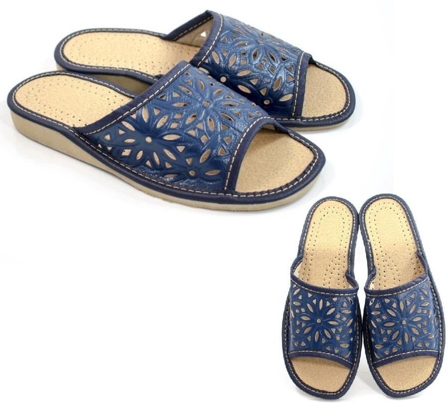 Dames Pantoffels Blauw Leerlook Open Werk