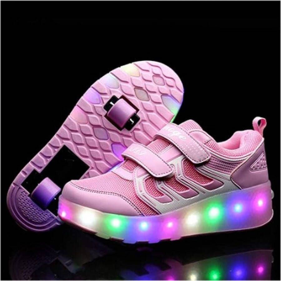 PEAM USB-Oplaadbare-LED-Verlichting-Skateboarding-Schoenen-Dubbele-Wielen-Kinderen-Sportschoenen-Buiten-Glanzend-Multisport-Gymnastiekschoenen-Roze-32-EU