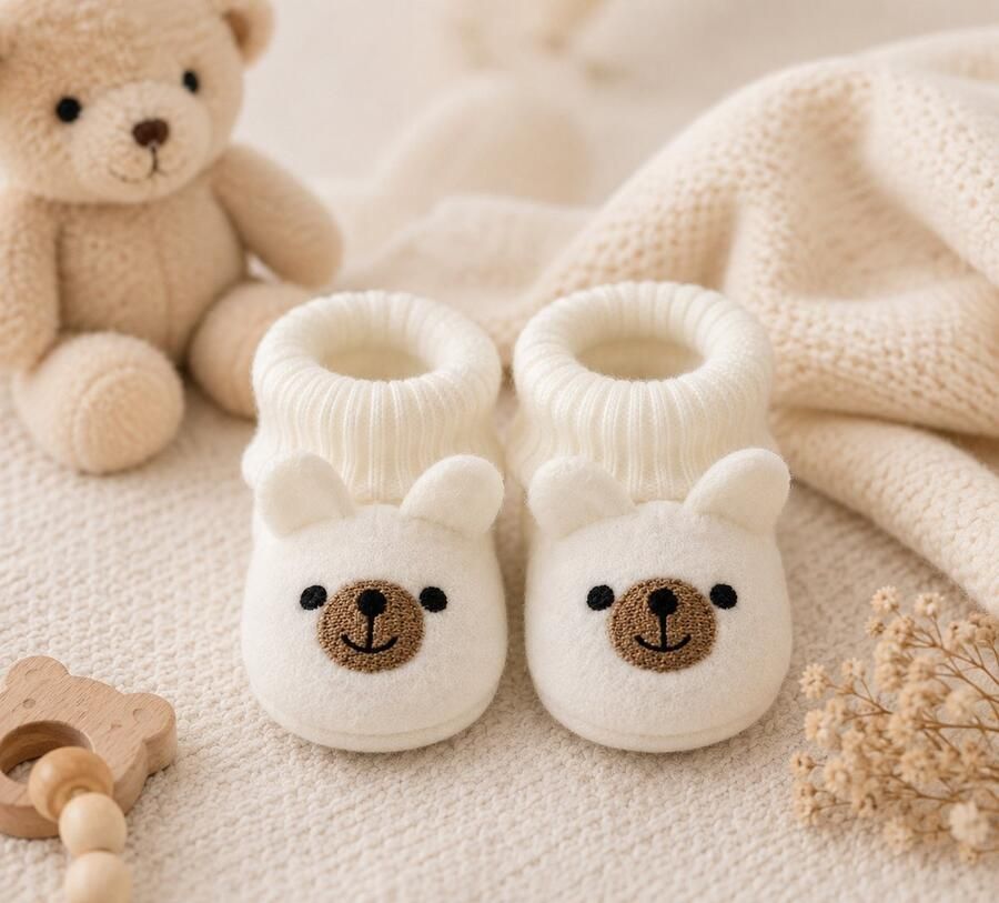 Petit Villain Baby Slofjes Beer Zachte Babyslofjes met Teddybeer Gebreide Babyschoentjes Unisex Kraamcadeau