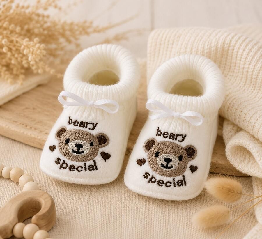 Petit Villain Babyslofjes met Beer Zachte Gebreide Slofjes voor Baby BabySchoentje Kraamcadeau