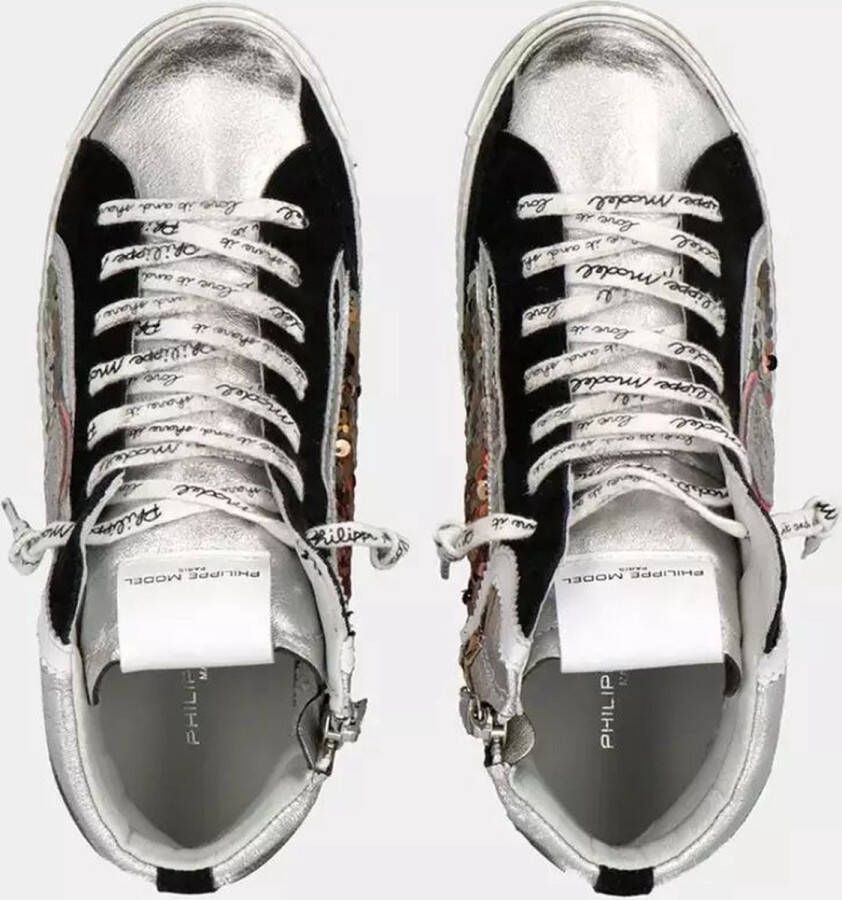 Philippe Model Grijze Leren Sneaker met Zilveren Inzetstukken Gray Dames