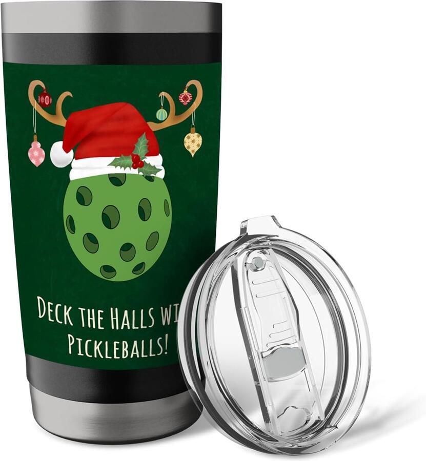 Pickleball met kerst muts dubbelwandige thermobeker