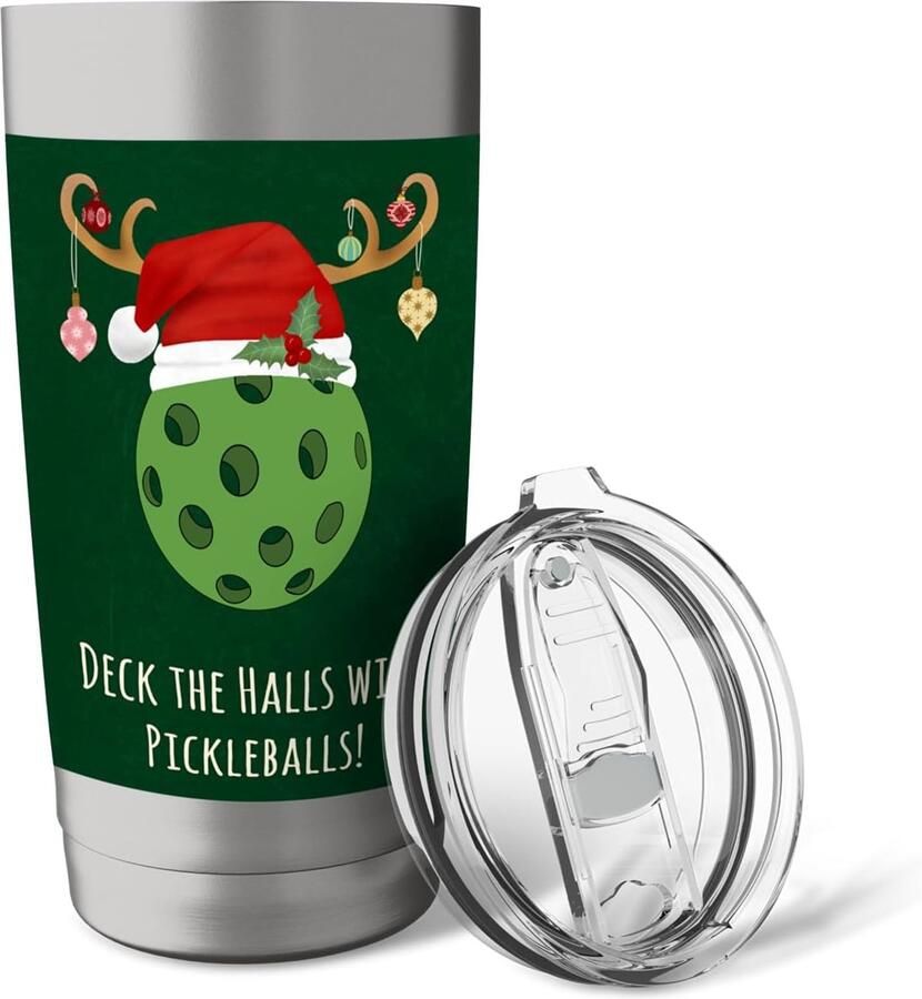 Pickleball met kerst muts dubbelwandige thermobeker