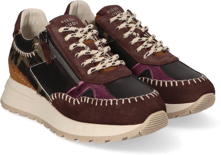 Piedi Nudi Hedy Sneakers Dames Leren Comfortsneaker Wijdte H met Uitneembaar Voetbed en Rits Donkerbruin Paars