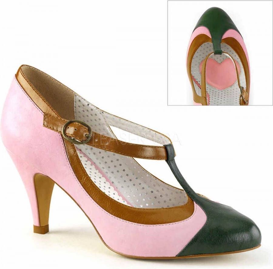 Pin Up Couture Peach-03 flapper pump met korte hak en T-bandje roze bruin groen Vintage Rockabilly 20's