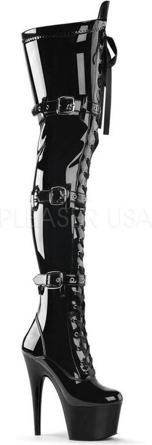 pleaser Adore-3028 plateau lak overknee laars met gespen en stiletto hak zwart