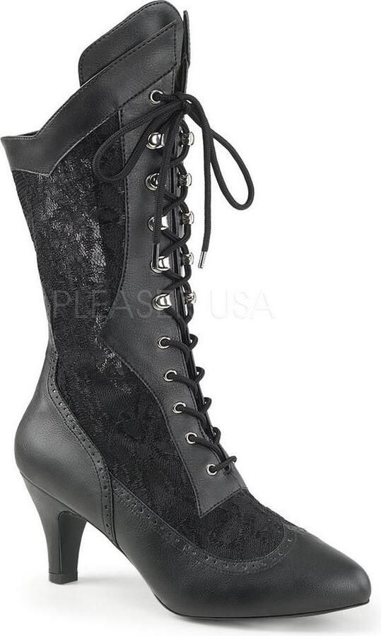 Pleaser Pink Label Divine-1050 laars met korte hak en kant mat zwart Steampunk Victoriaans