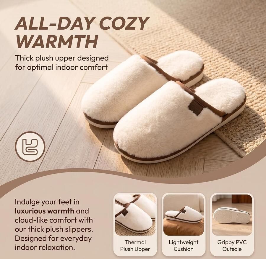 Pluche Winterpantoffels Beige 37 38 EU Zachte Pantoffels met Gesloten Teen Voor Thuisgebruik