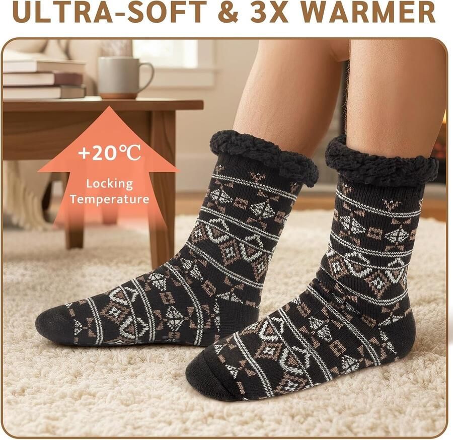 Pluizige Slipper Sokken Klassiek Ruitpatroon Eenheidsmaat Antislip en Warm Voor en