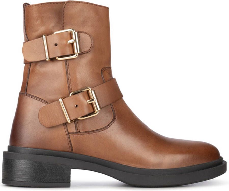 POELMAN Leren boot met goudkleurige gespen Cognac Leer Biker boots Dames