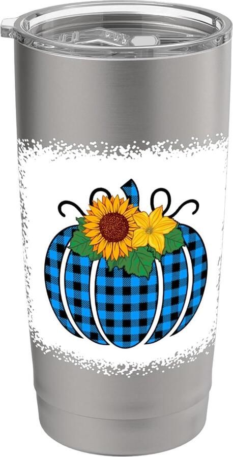 Pompoen blauw-zwart ruitjes print dubbelwandige thermosbeker