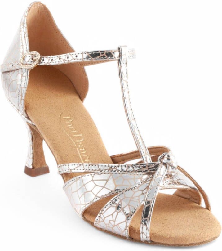 Portdance Zilveren dames dansschoenen stabiele flair hak Open teen model Tbandje Suede zool Dans met passie Salsa Bachata Latin Stijldansen PD PRO 002 Zilver