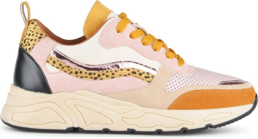 PS Poelman Dames CAROCEL Imitatie Leren Suède PU Runner Sneakers met Beige Profielzool Beige Roze
