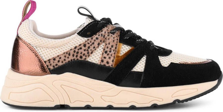 PS Poelman Dames CAROCEL Imitatie Leren Suedè PU Runner Sneakers met Beige Profielzool Zwart Brons Beige