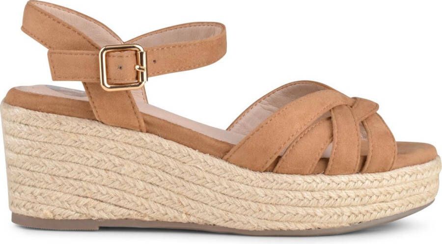 PS Poelman TULSI Dames Faux PU Imitatie Suède Leren Sandalen met Espadrille Sleehak Zool en Gevlochten Banden Cognac Bruin